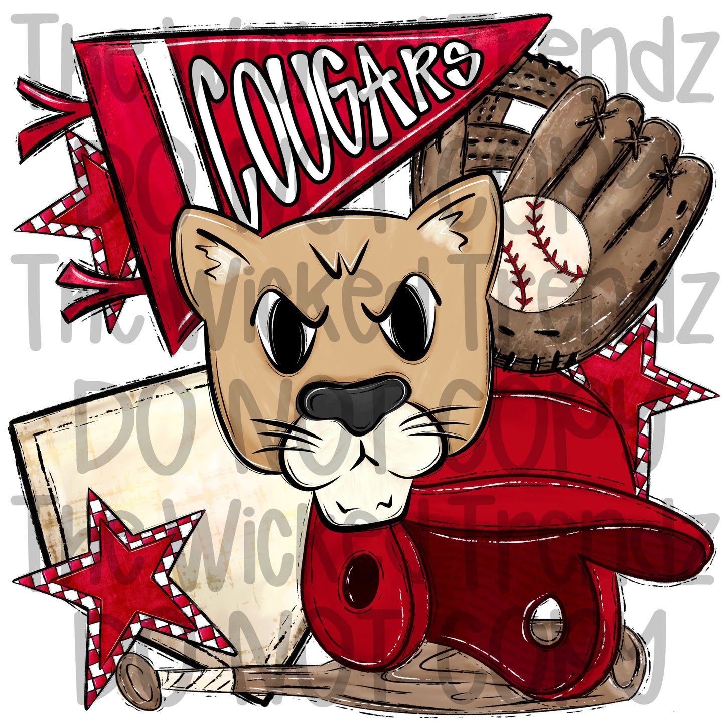 Cougars Red Baseball Team Mascot Digital Design