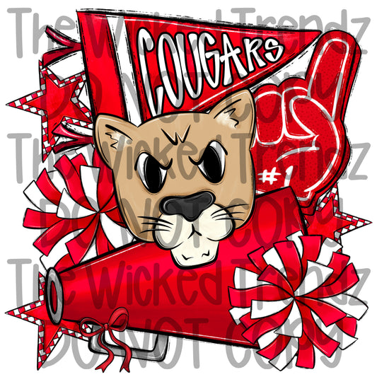 Cougars Red Cheer Cheerleading Cheerleader Mascot Digital Design Spirit Shirt Design