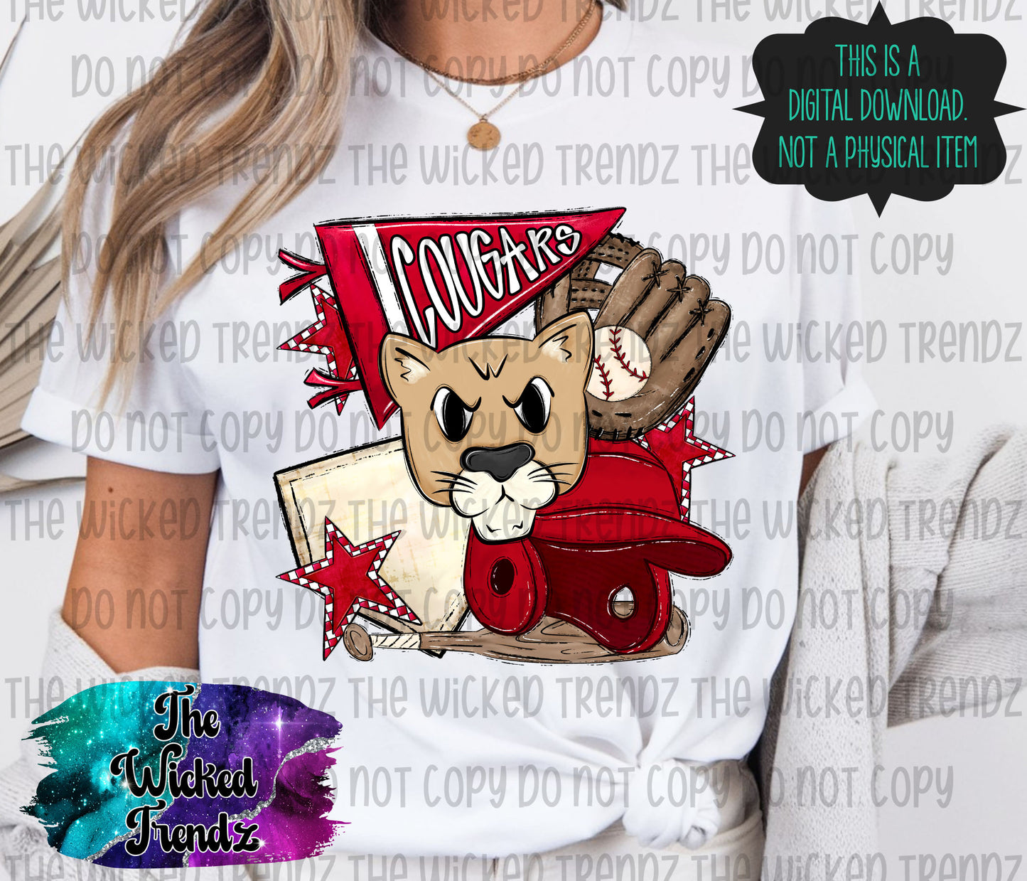 Cougars Red Baseball Team Mascot Digital Design