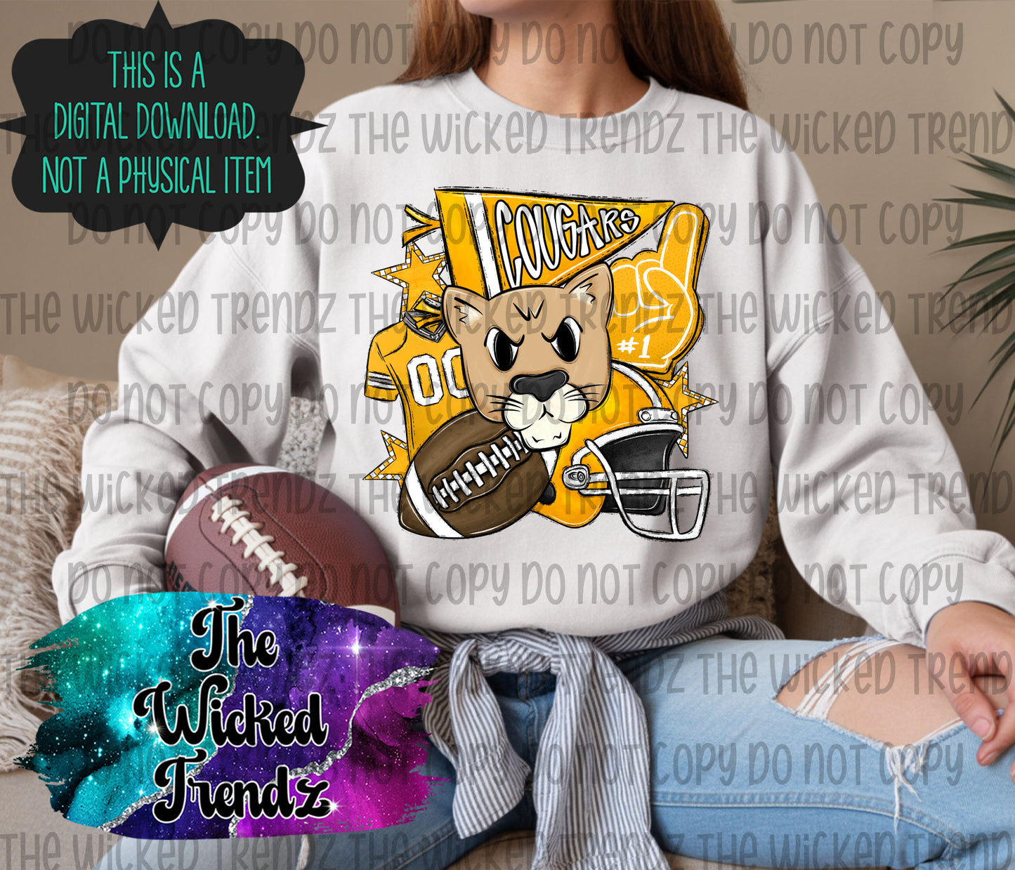Yellow Cougars Football Mascot Digital Design