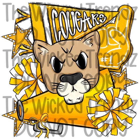 Cougars Yellow Cheer Cheerleading Cheerleader Mascot Digital Design Spirit Shirt Design