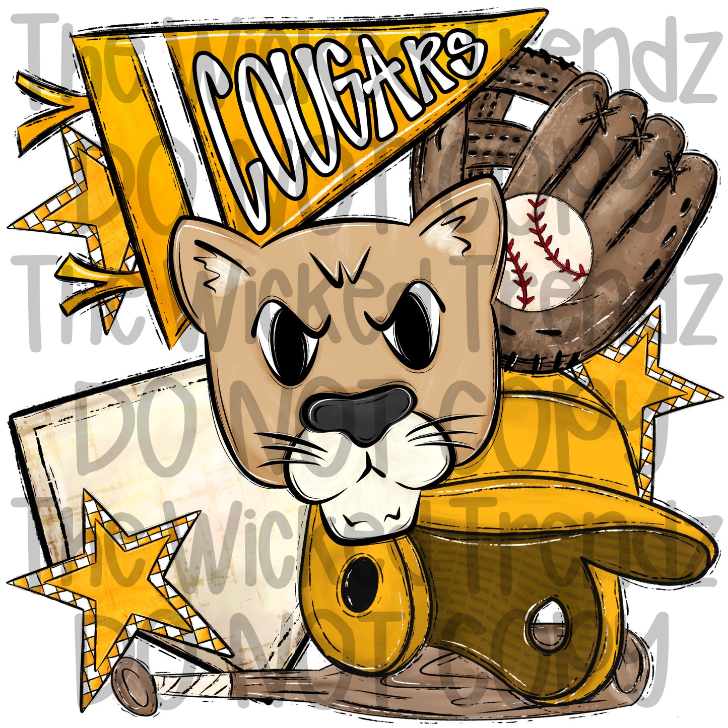 Cougars Yellow Baseball Team Mascot Digital Design