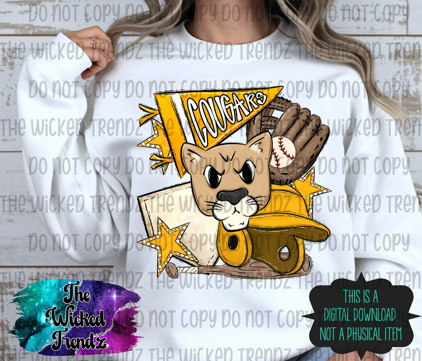 Cougars Yellow Baseball Team Mascot Digital Design
