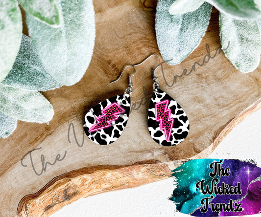 Cow Print Pink Leopard Neon Lighting Bolt Country Music Western Dangle Earrings Tear Drop Earring Lightweight Earring