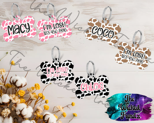 Cow Print Pattern Brown Black Pink Pet ID Dog Tag Personalized Custom Dog Name Phone Number