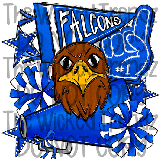Falcons Blue Cheer Cheerleading Cheerleader Mascot Digital Design Spirit Shirt Design