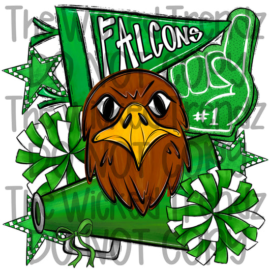 Falcons Green Cheer Cheerleading Cheerleader Mascot Digital Design Spirit Shirt Design