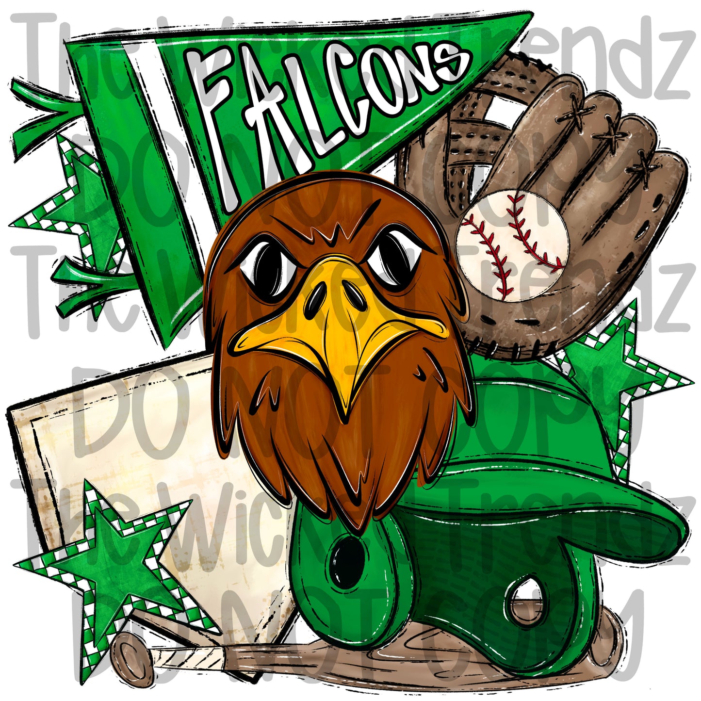 Falcons Green Baseball Team Mascot Digital Design