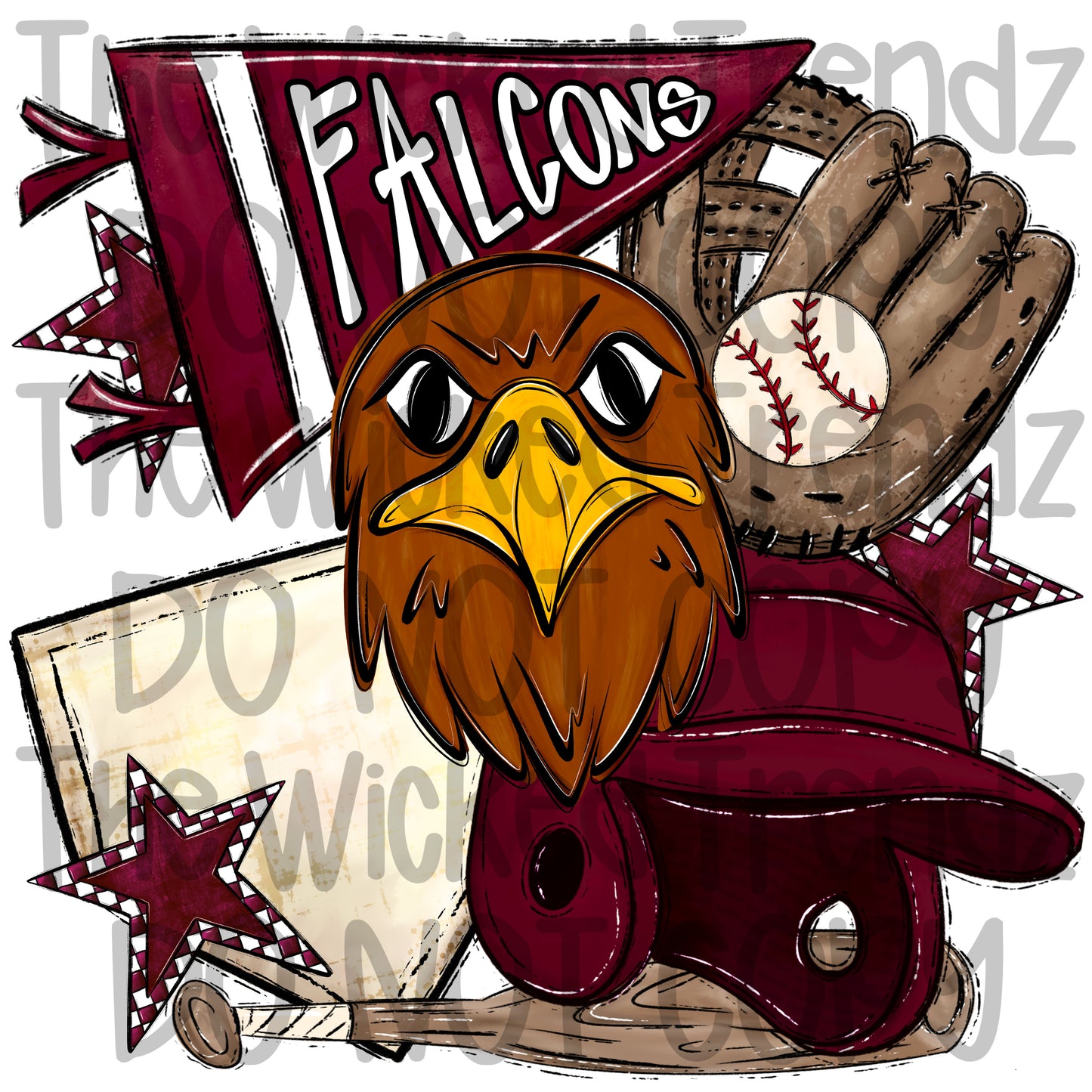 Falcons Maroon Baseball Team Mascot Digital Design