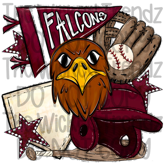 Falcons Maroon Baseball Team Mascot Digital Design