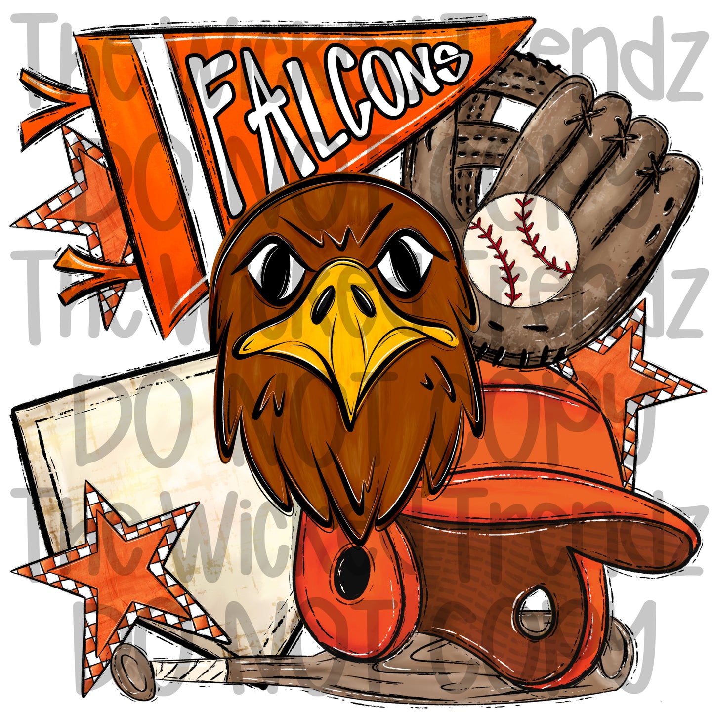 Falcons Orange Baseball Team Mascot Digital Design