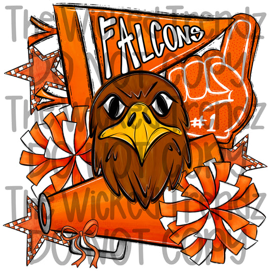 Falcons Orange Cheer Cheerleading Cheerleader Mascot Digital Design Spirit Shirt Design