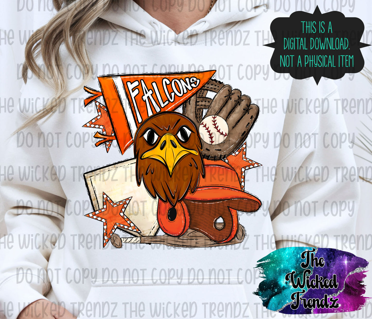Falcons Orange Baseball Team Mascot Digital Design