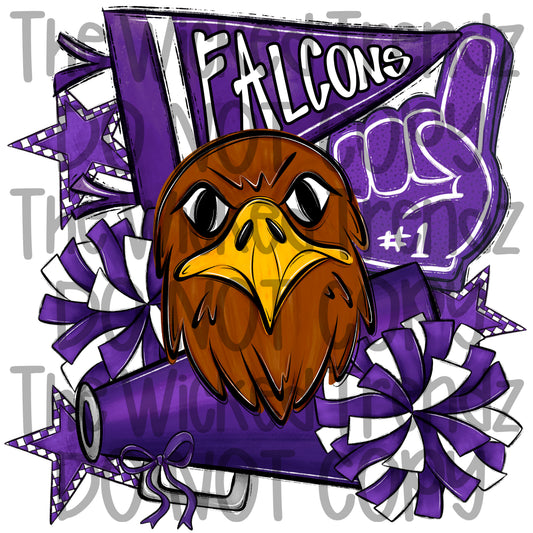 Falcons Purple Cheer Cheerleading Cheerleader Mascot Digital Design Spirit Shirt Design