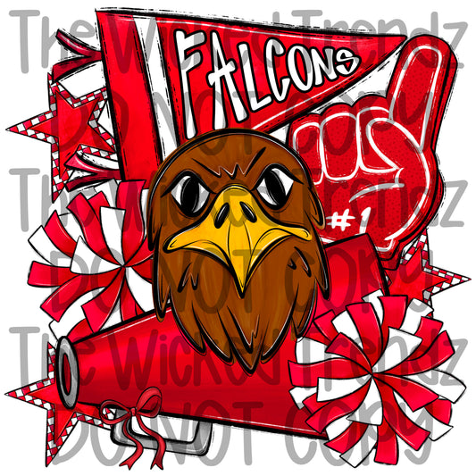 Falcons Red Cheer Cheerleading Cheerleader Mascot Digital Design Spirit Shirt Design