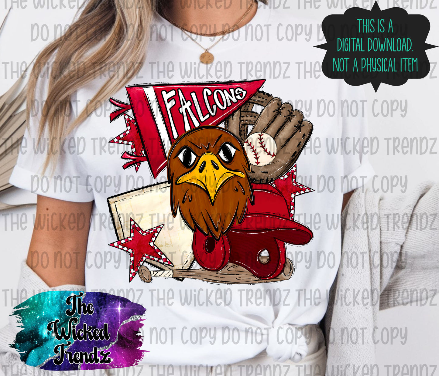 Falcons Red Baseball Team Mascot Digital Design
