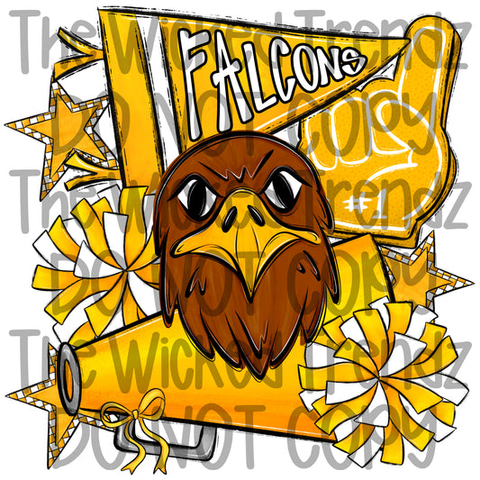 Falcons Yellow Cheer Cheerleading Cheerleader Mascot Digital Design Spirit Shirt Design
