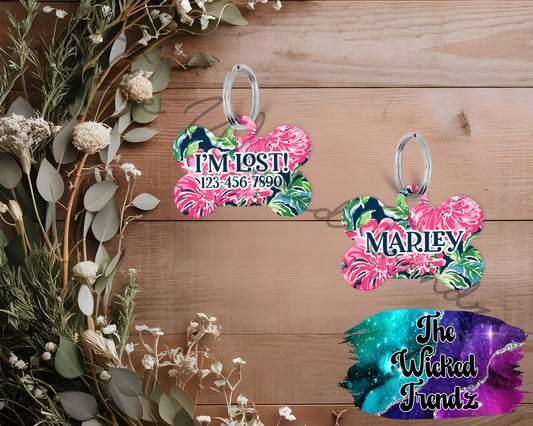 Tropical Flowers Floral New Puppy Pet ID Dog Tag Personalized Custom Dog Name Phone Number