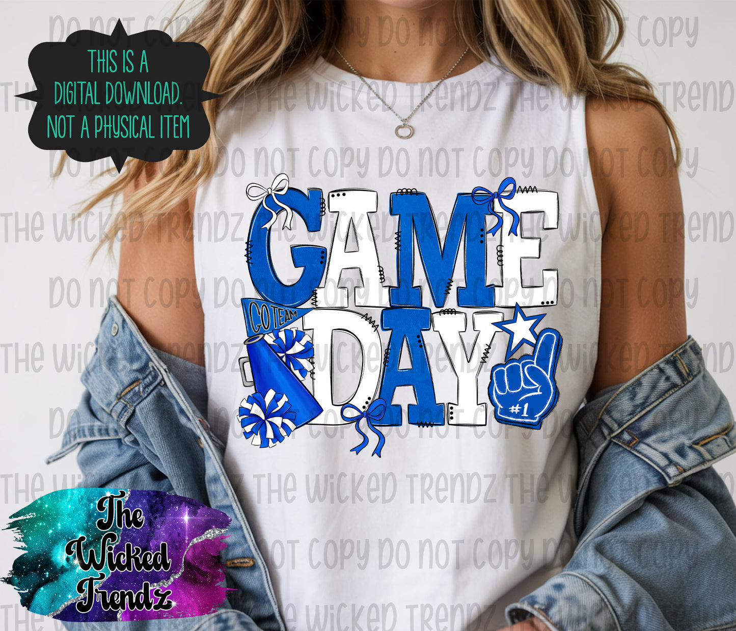 Game Day Blue and White Cheer Cheerleading Digital Design Spirit Shirt Design