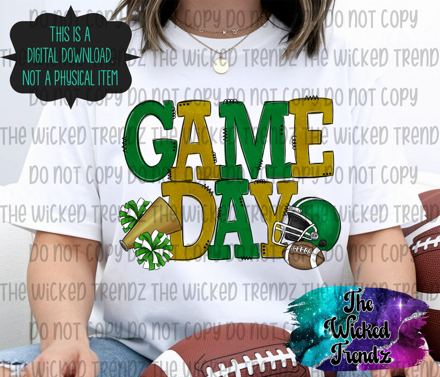 Game Day Dark Green and Gold Football Cheer Team Digital Design