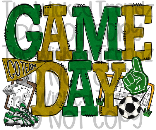 Game Day Soccer Team Green and Gold Colors Mascot Digital Design