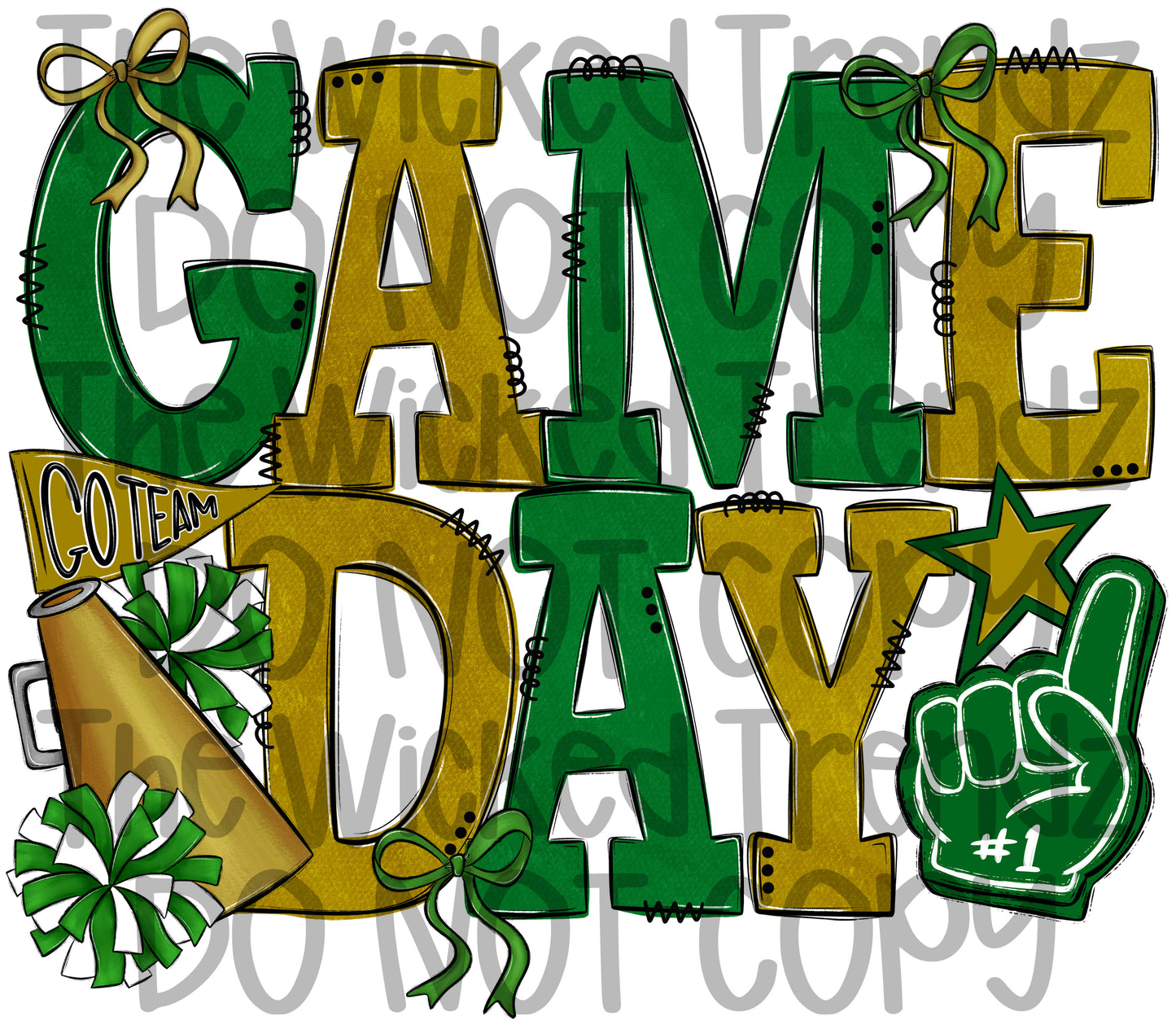 Game Day Green and Gold Cheer Cheerleading Digital Design Spirit Shirt Design