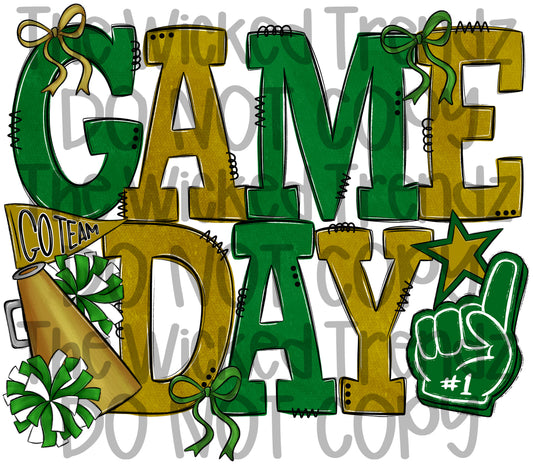Game Day Green and Gold Cheer Cheerleading Digital Design Spirit Shirt Design