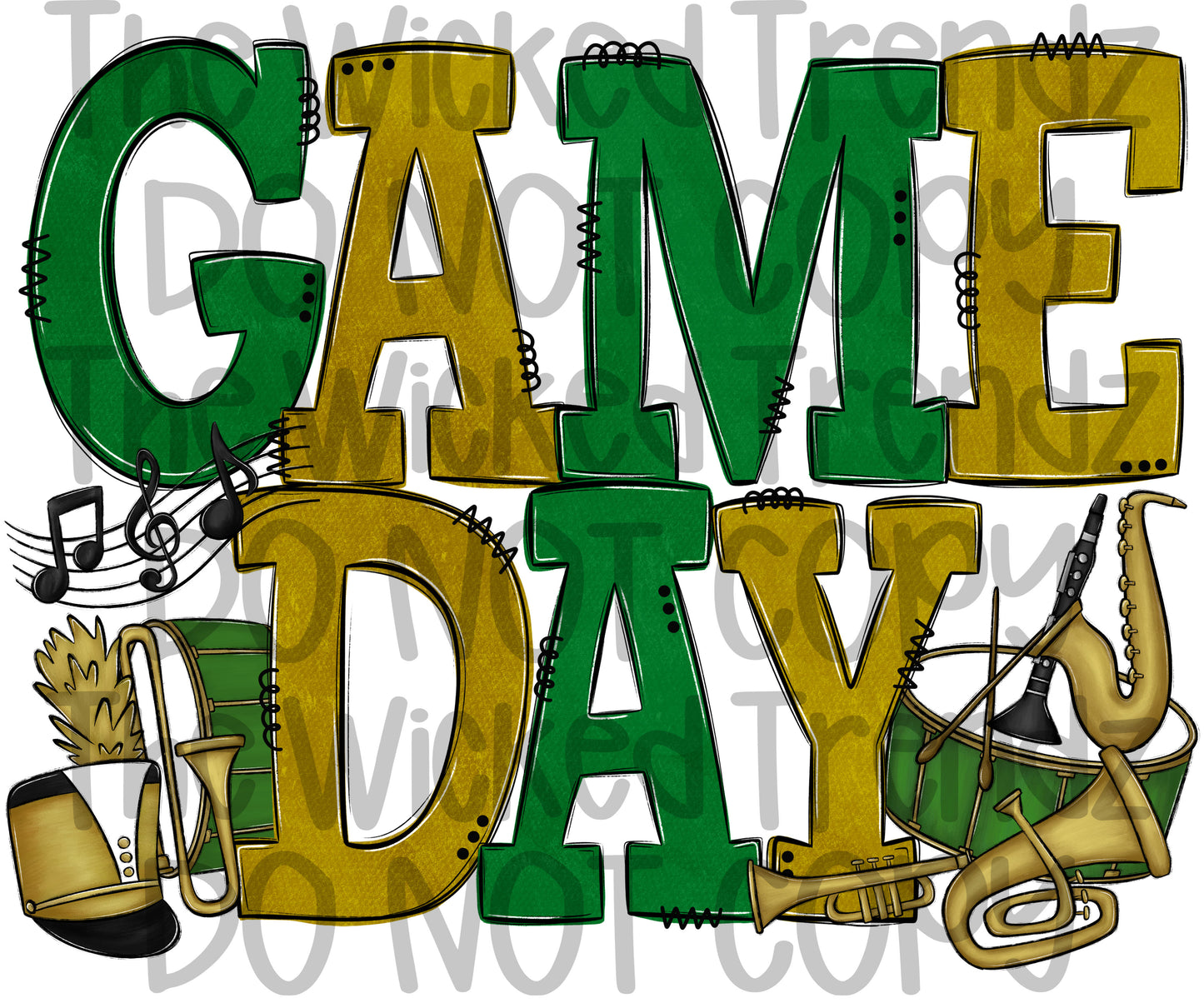 Game Day Marching Band Hunter Dark Green and Gold School Colors Digital Design