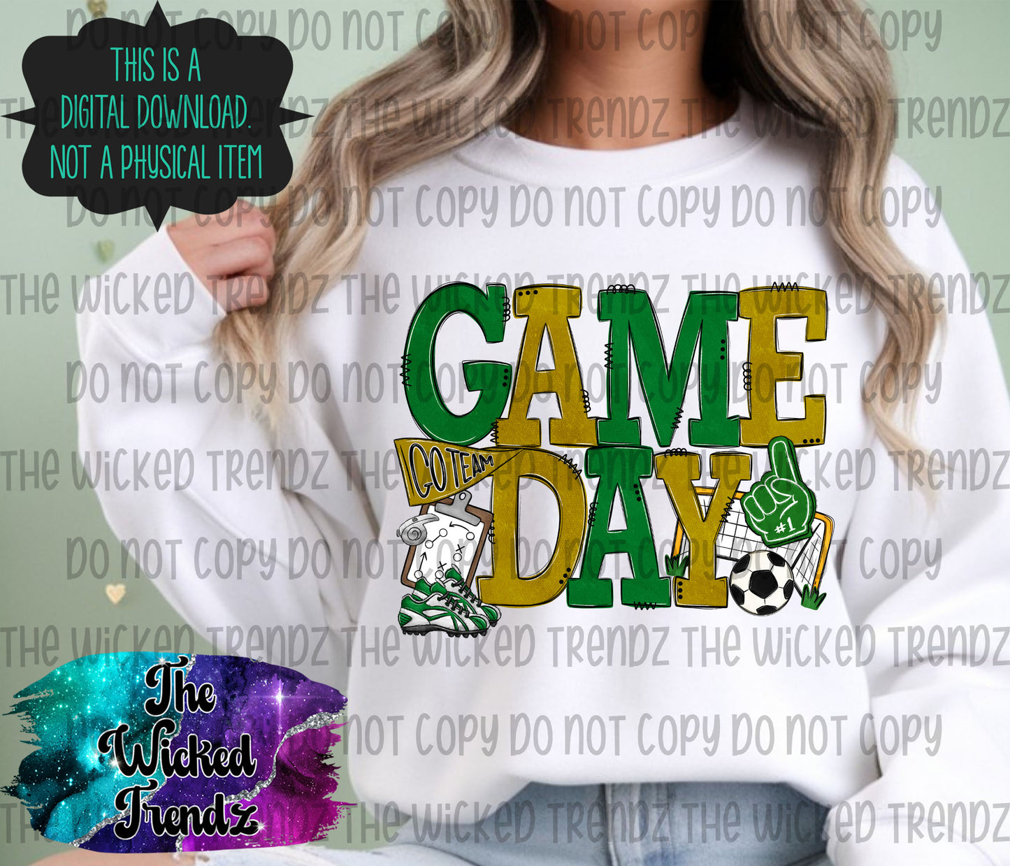 Game Day Soccer Team Green and Gold Colors Mascot Digital Design
