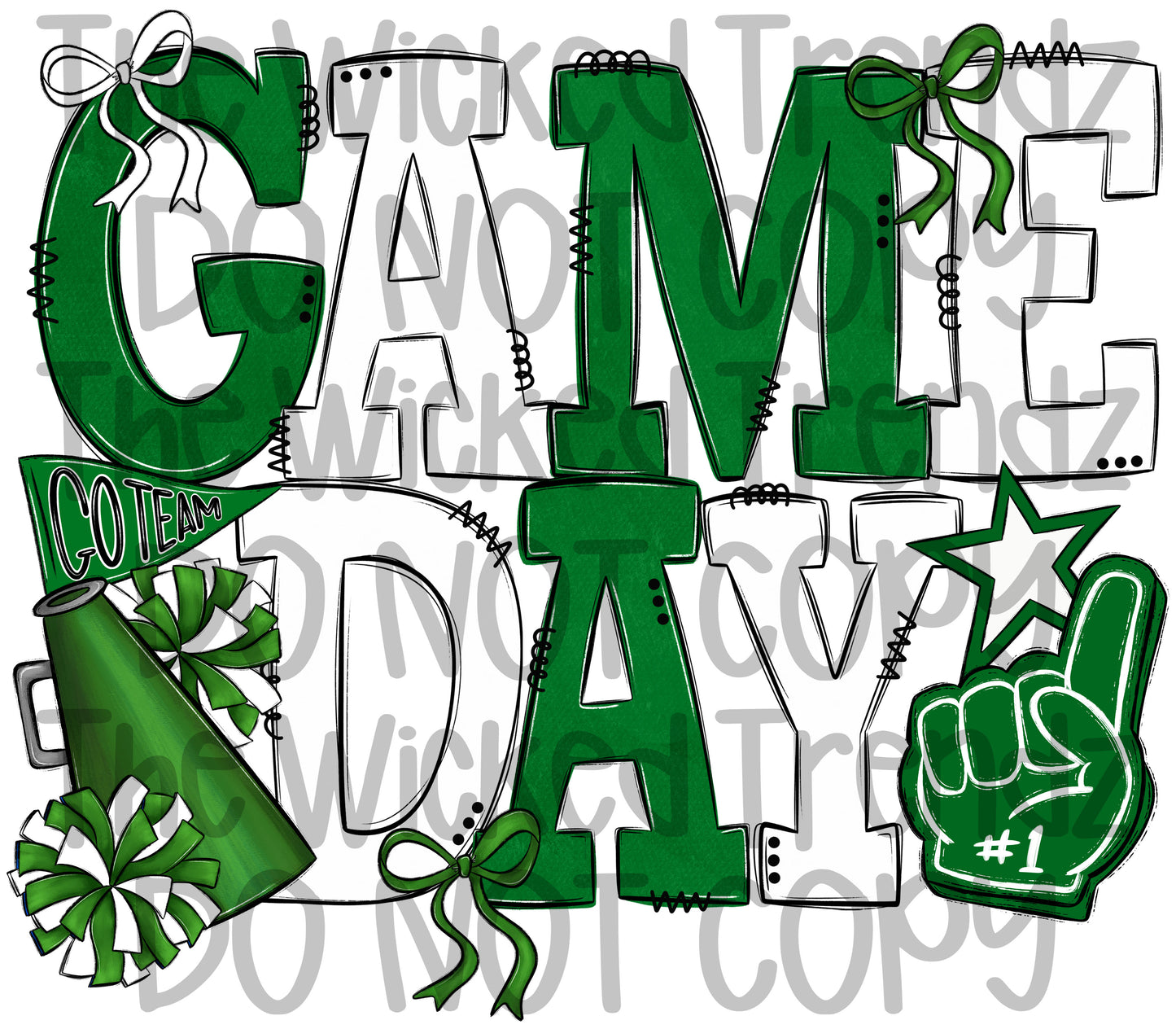 Game Day Dark Green and White Cheer Cheerleading Digital Design Spirit Shirt Design