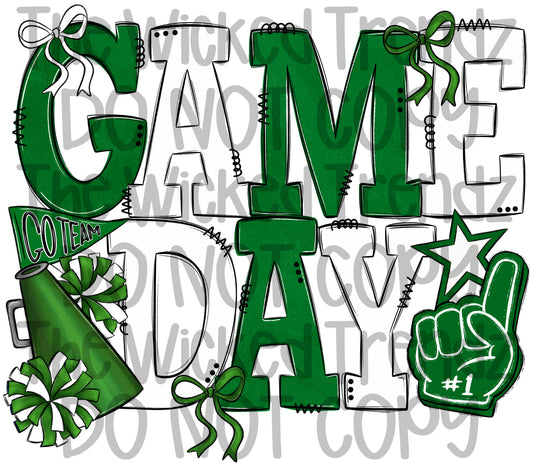 Game Day Dark Green and White Cheer Cheerleading Digital Design Spirit Shirt Design