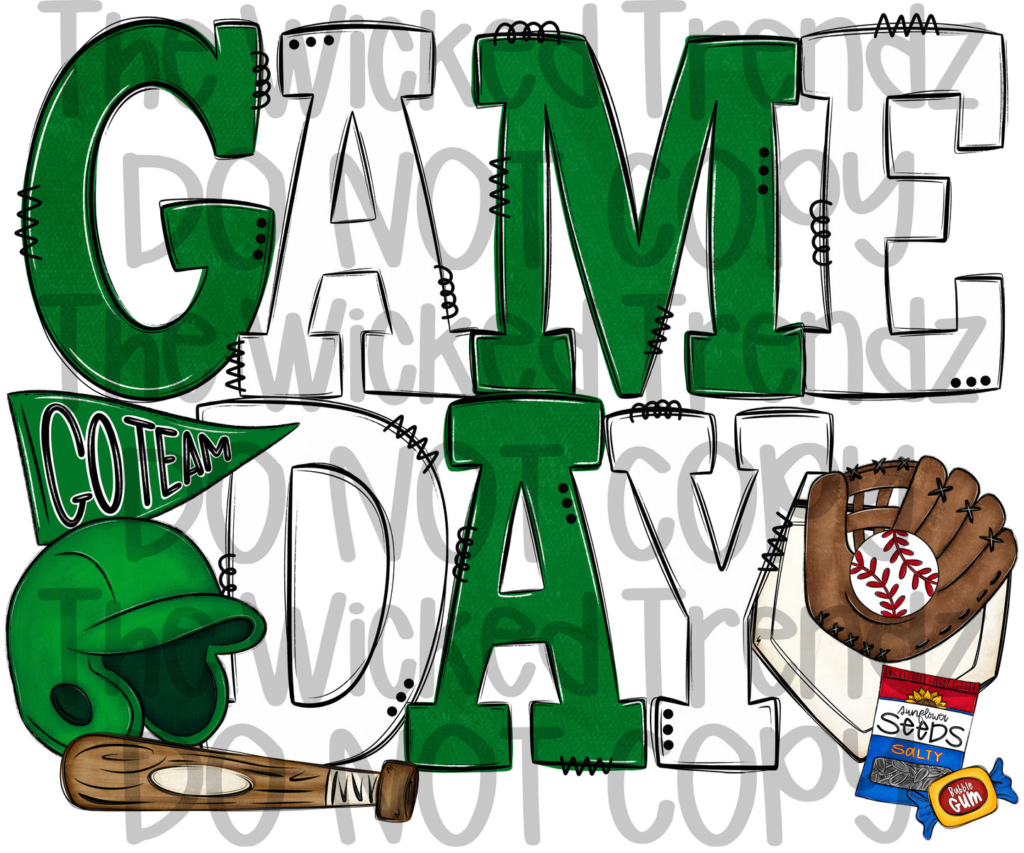 Game Day Dark Green and White Baseball Team Digital Design