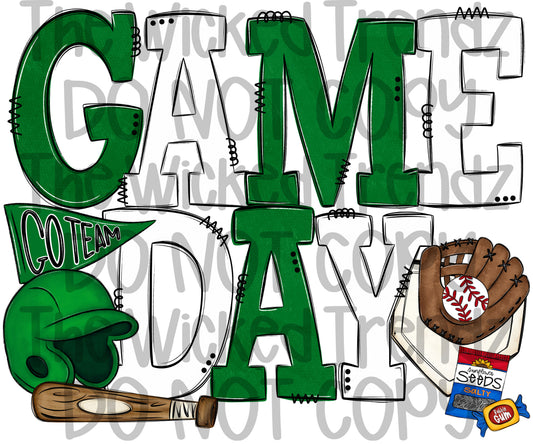 Game Day Dark Green and White Baseball Team Digital Design
