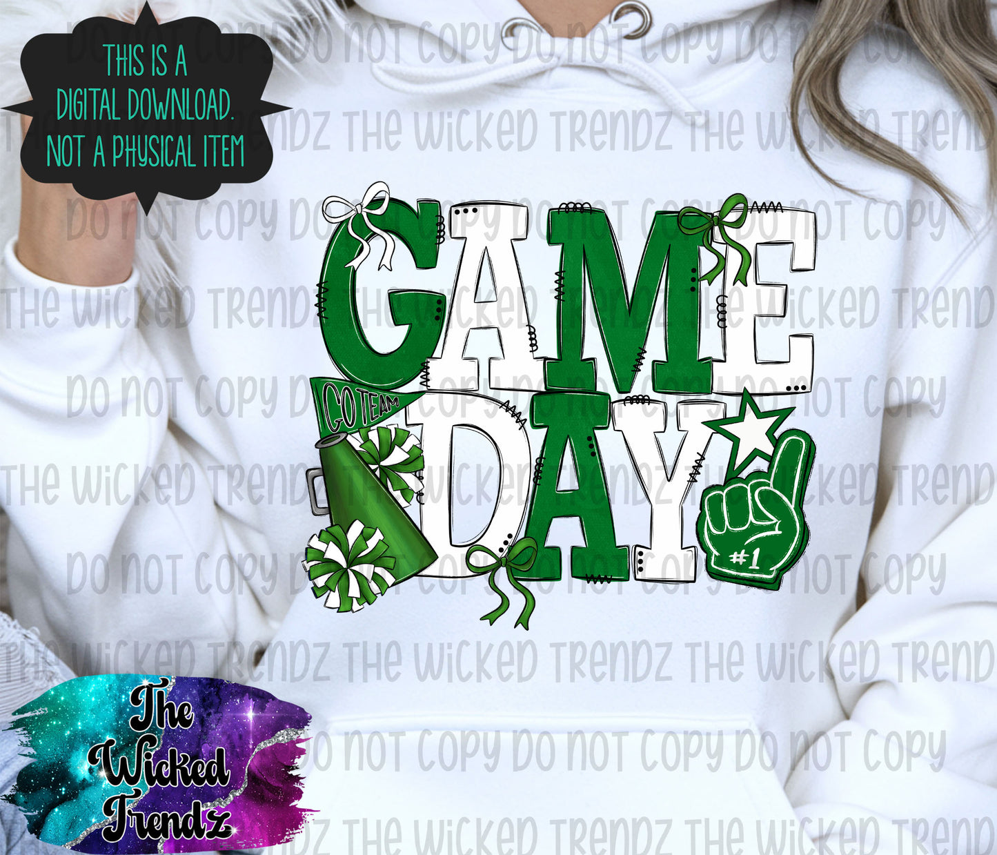 Game Day Dark Green and White Cheer Cheerleading Digital Design Spirit Shirt Design