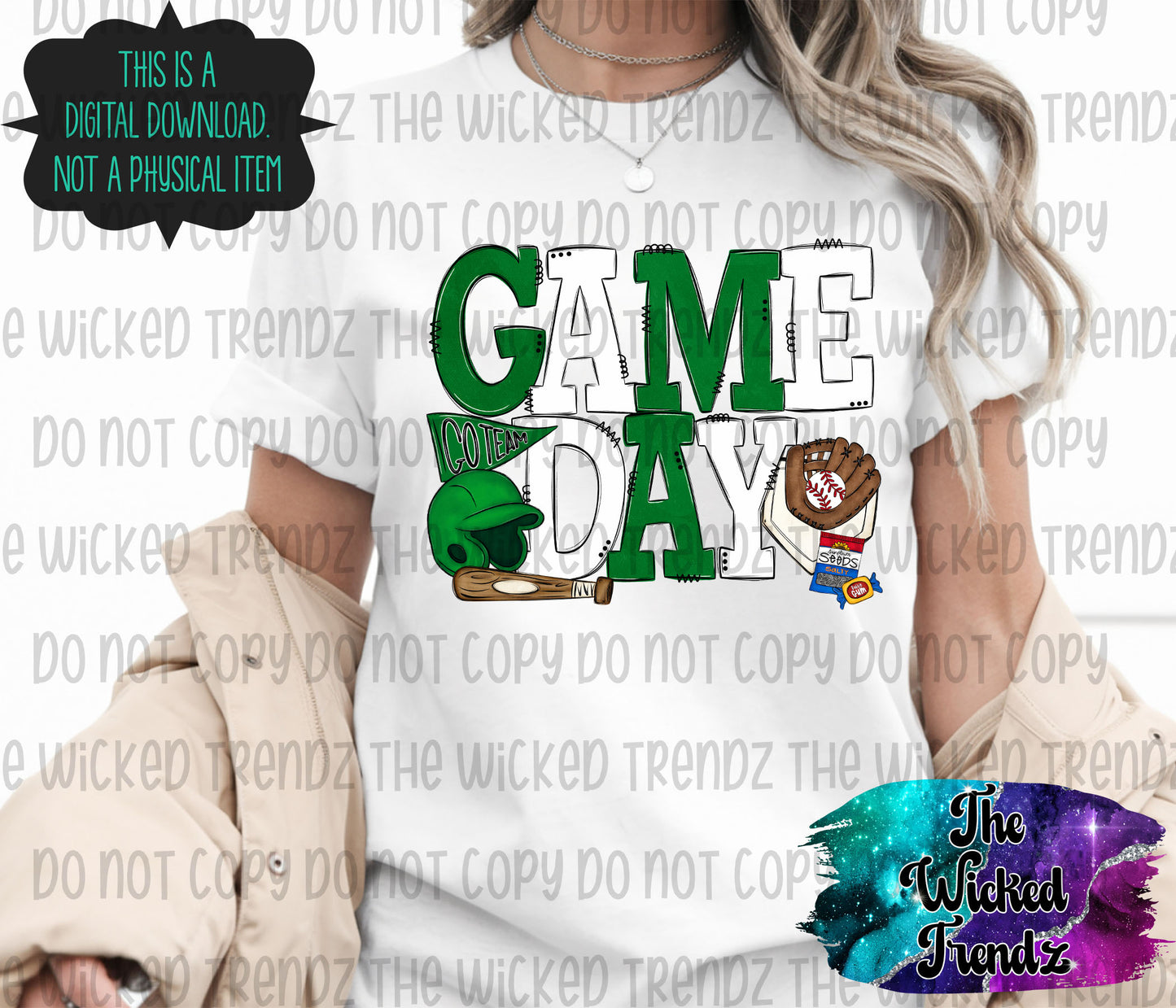 Game Day Dark Green and White Baseball Team Digital Design