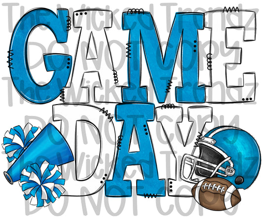 Game Day Bright Light Blue and White Football Cheer Team Digital Design