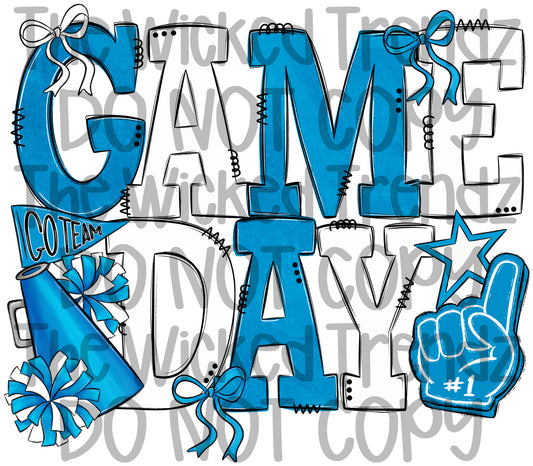 Game Day Light Blue and White Cheer Cheerleading Digital Design Spirit Shirt Design