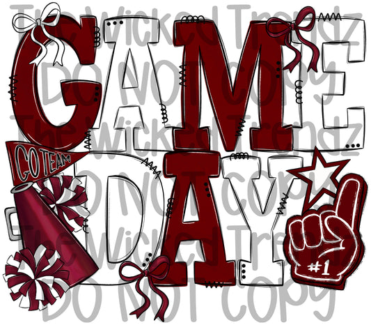 Game Day Maroon and White Cheer Cheerleading Digital Design Spirit Shirt Design
