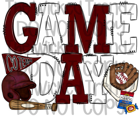 Game Day Maroon and White Baseball Team Digital Design