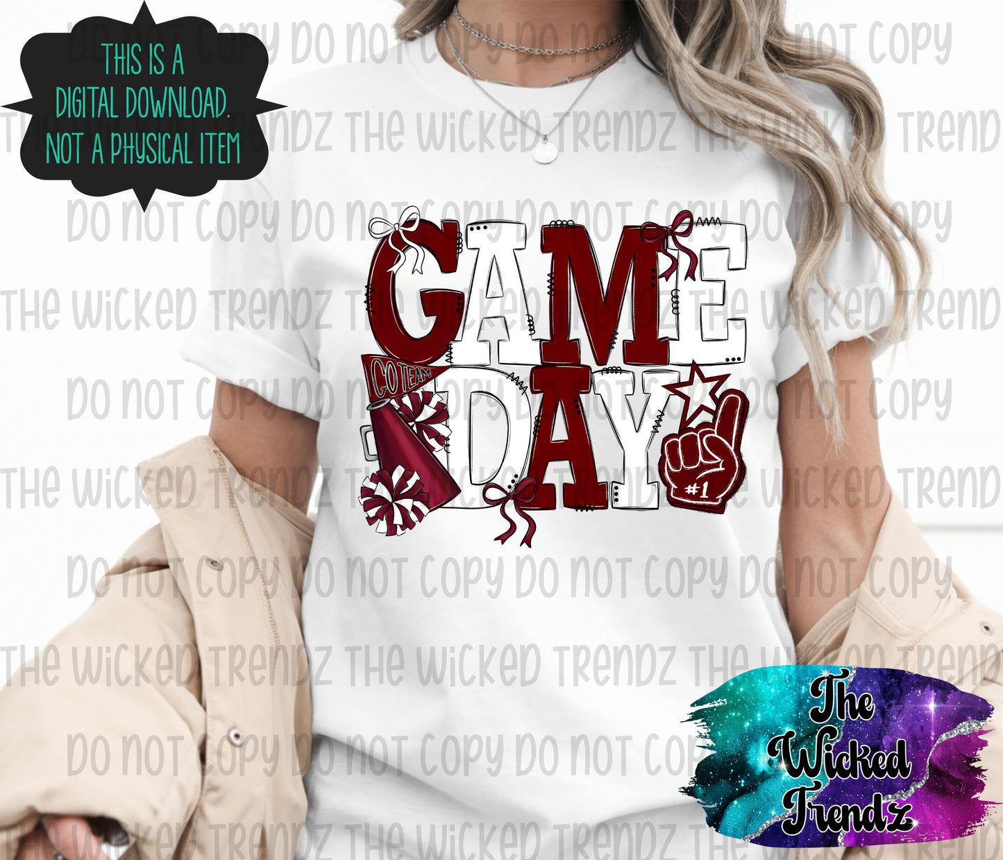 Game Day Maroon and White Cheer Cheerleading Digital Design Spirit Shirt Design