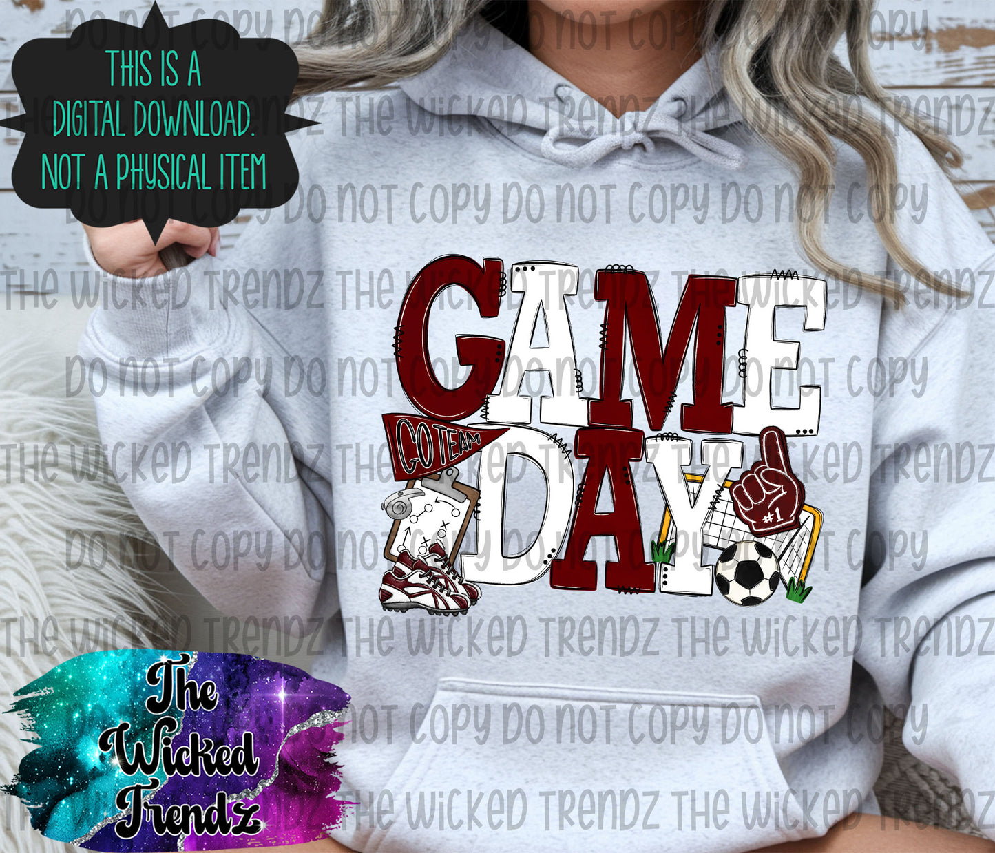 Game Day Soccer Team Maroon and White Colors Mascot Digital Design