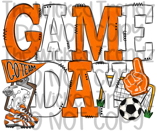 Game Day Soccer Team Orange and White Colors Mascot Digital Design