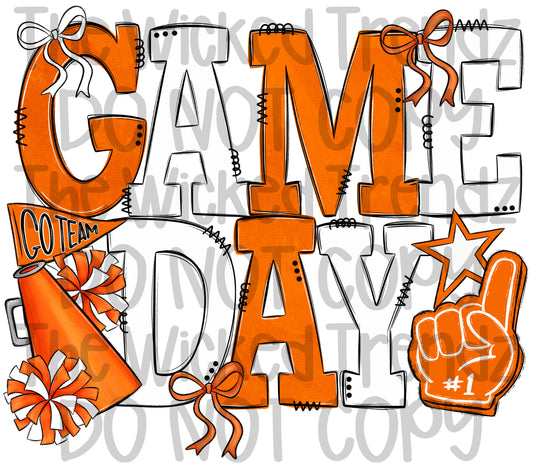 Game Day Orange and White Cheer Cheerleading Digital Design Spirit Shirt Design
