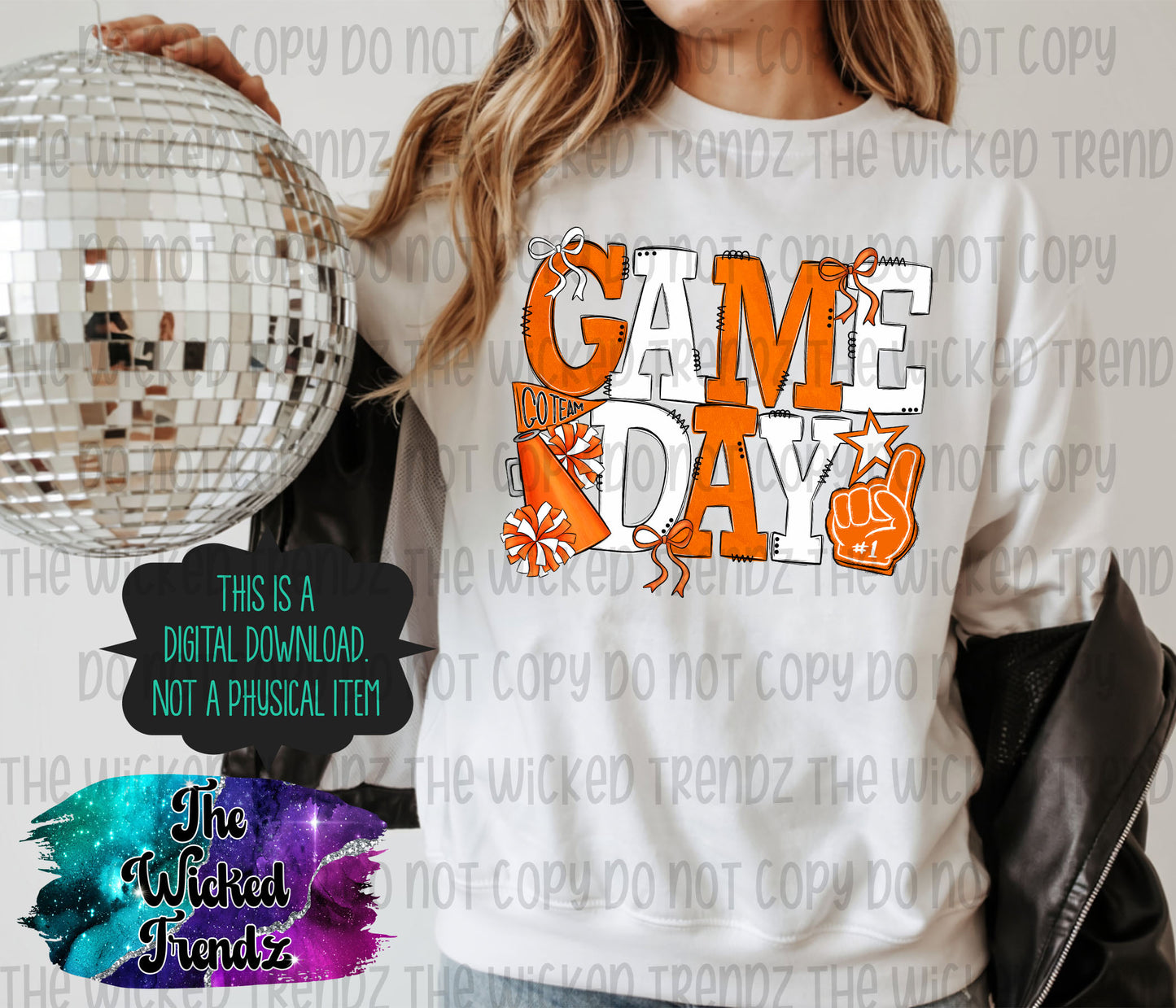 Game Day Orange and White Cheer Cheerleading Digital Design Spirit Shirt Design