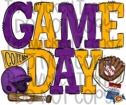Game Day Purple and Yellow Baseball Team Digital Design