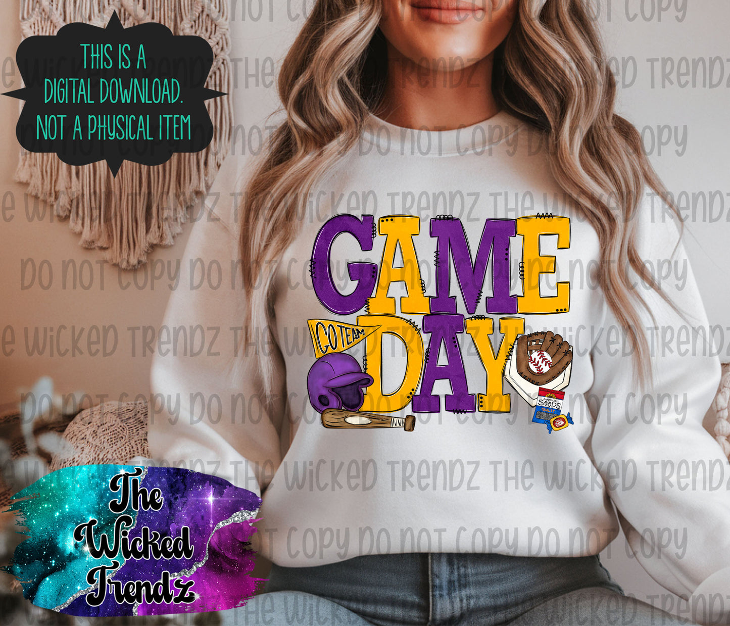 Game Day Purple and Yellow Baseball Team Digital Design