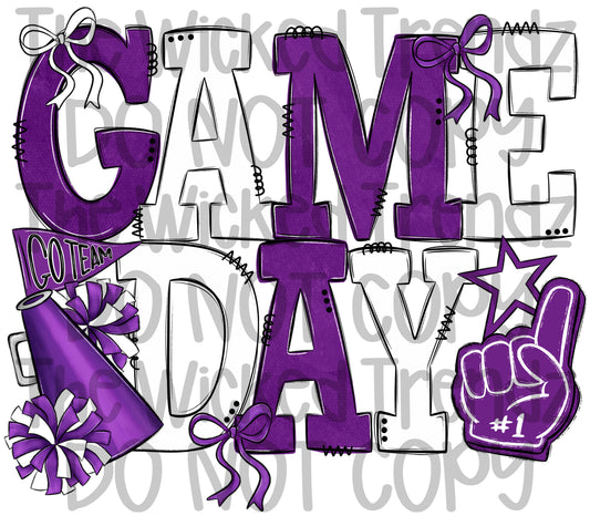 Game Day Purple and White Cheer Cheerleading Digital Design Spirit Shirt Design