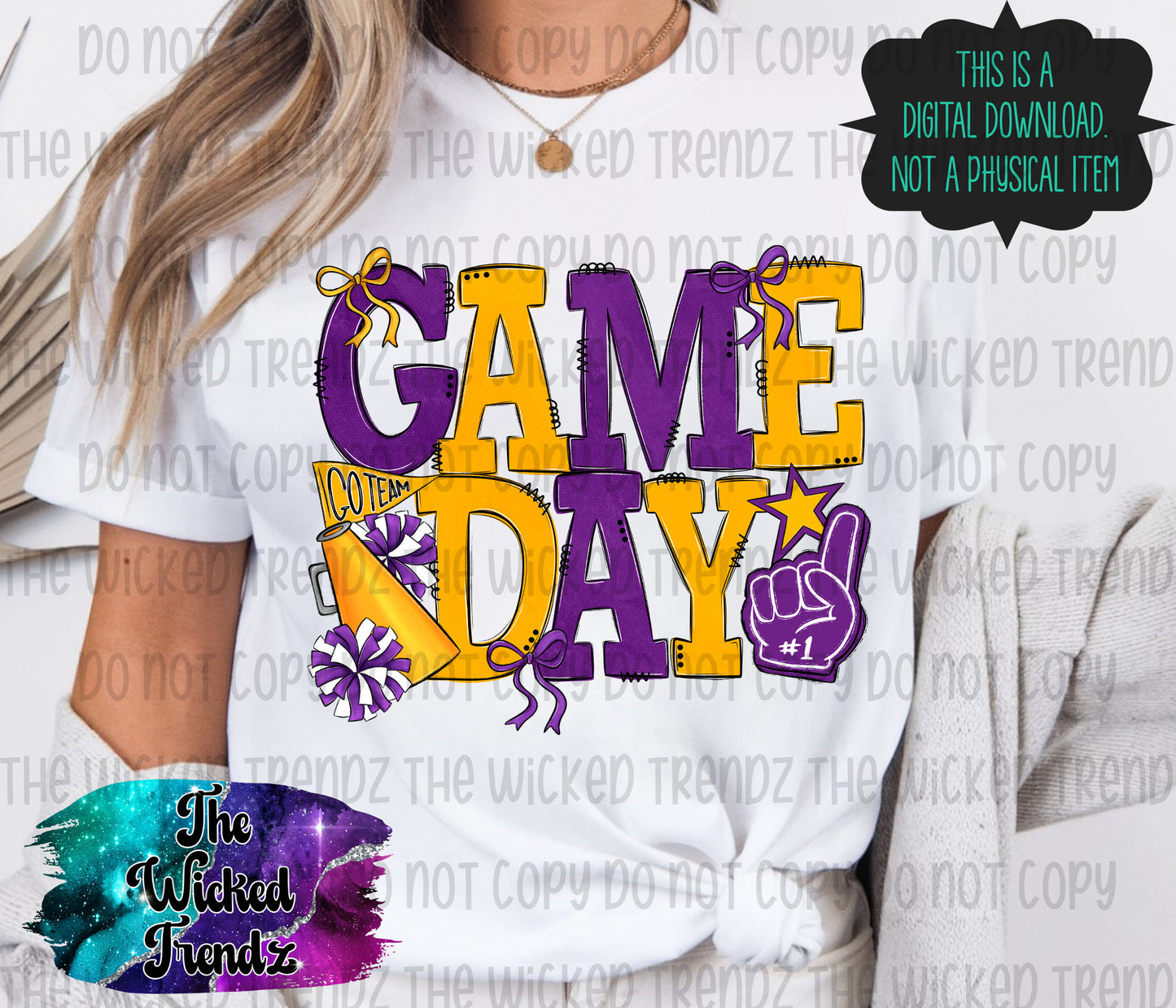 Game Day Purple and Yellow Gold Cheer Cheerleading Digital Design Spirit Shirt Design