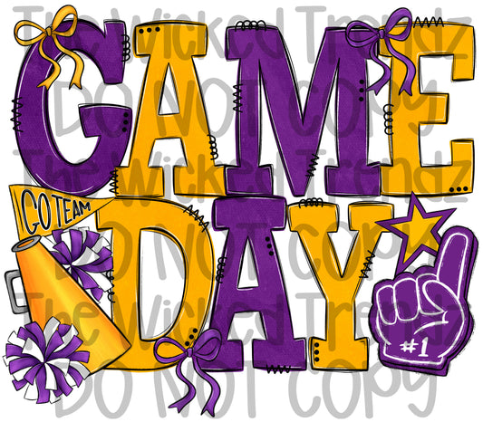 Game Day Purple and Yellow Gold Cheer Cheerleading Digital Design Spirit Shirt Design