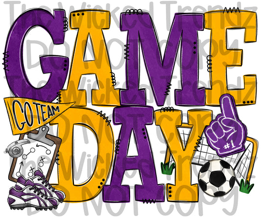 Game Day Soccer Team Purple and Yellow Colors Mascot Digital Design